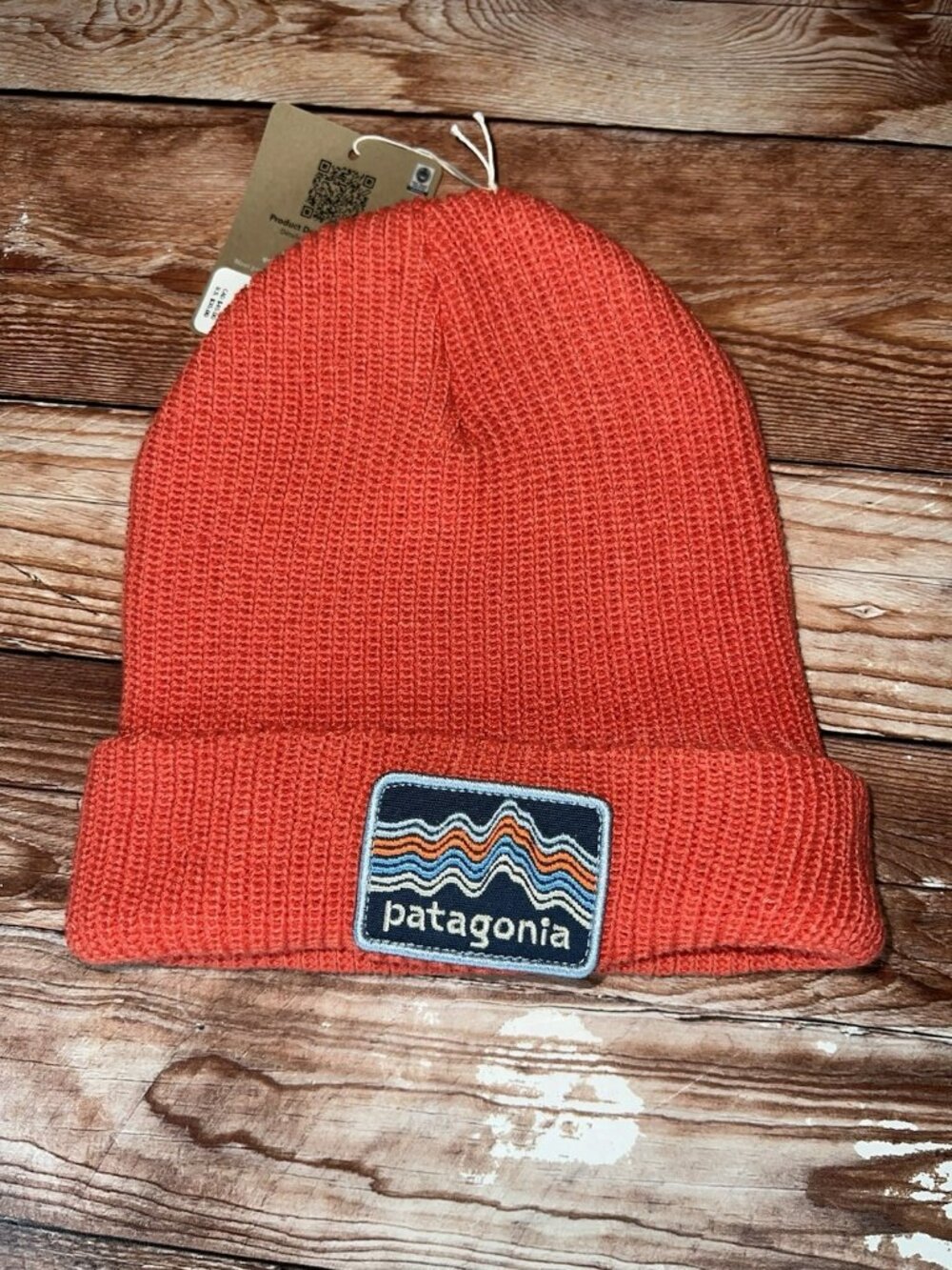 Patagonia Youth Logo Beanie Ridge Rise Stripe Sumac Red Logo NWT